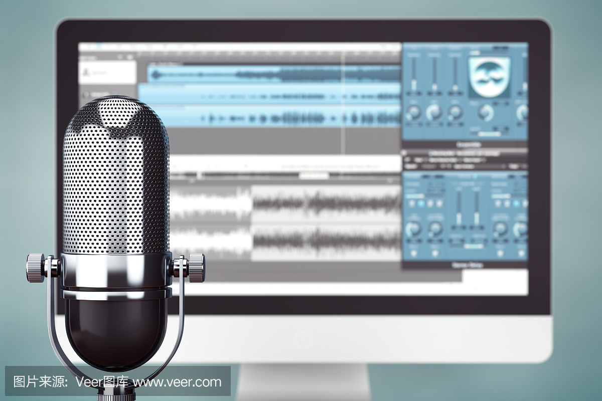 音樂錄音工作室概念。管冷卻器麥克風